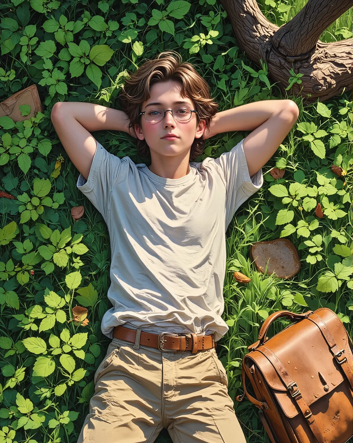 "A young boy with tousled brown hair, wearing thin round glasses, lies peacefully on a bed of lush green grass. He is dressed in a loose white t-shirt with subtle folds, beige cargo pants, and a brown leather belt. His arms are resting behind his head, and...