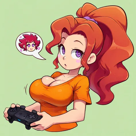 chica, Caucasian,  thin,  purple eyes, rough and sexy look ,  big breasts,  long wavy hair , Dark redhead. orange shirt and video game controller. Crear stickers. green background.