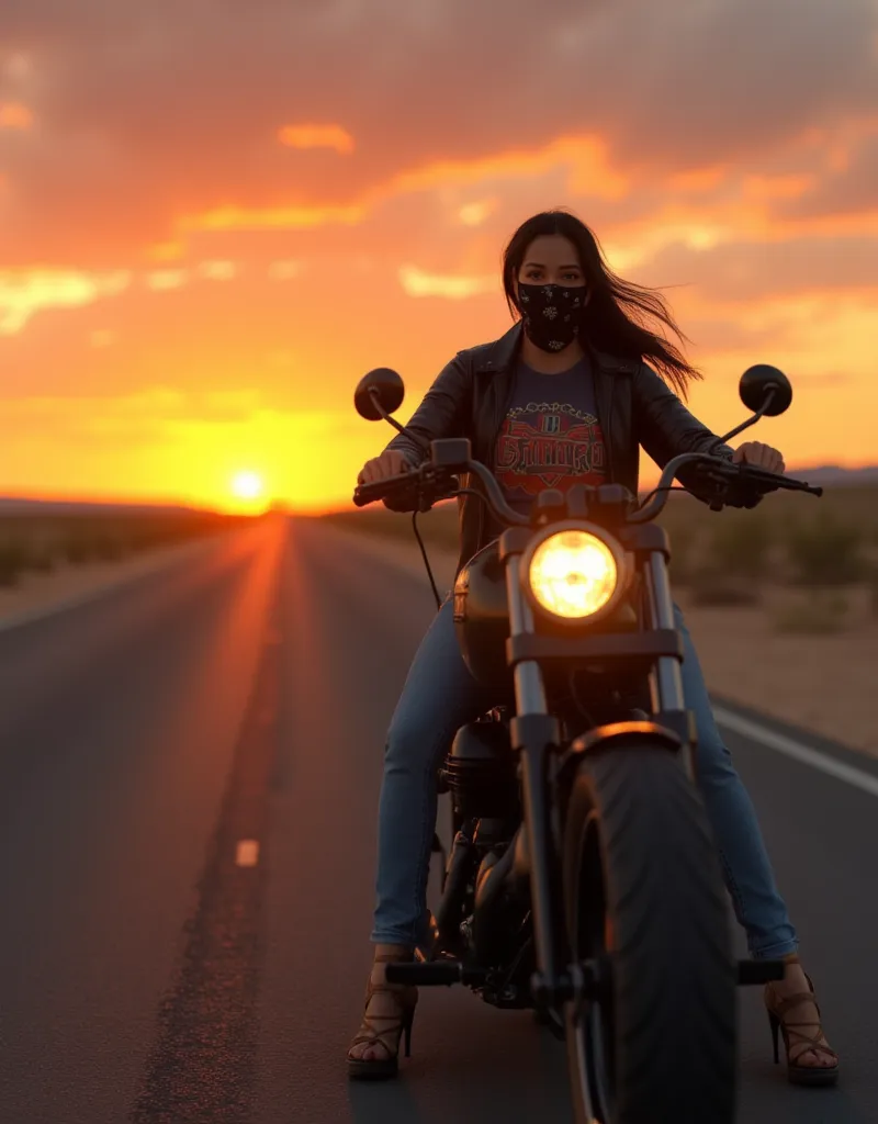 highly detailed photo,((Photorealizim, 8k rendering, maximum quality , high detail ,HDR color)) in the foreground is a biker girl in a leather jacket,blue jeans,wearing a ,of black the rockband shirt,rides a motocicle harley Davidson fatboy , along a deser...