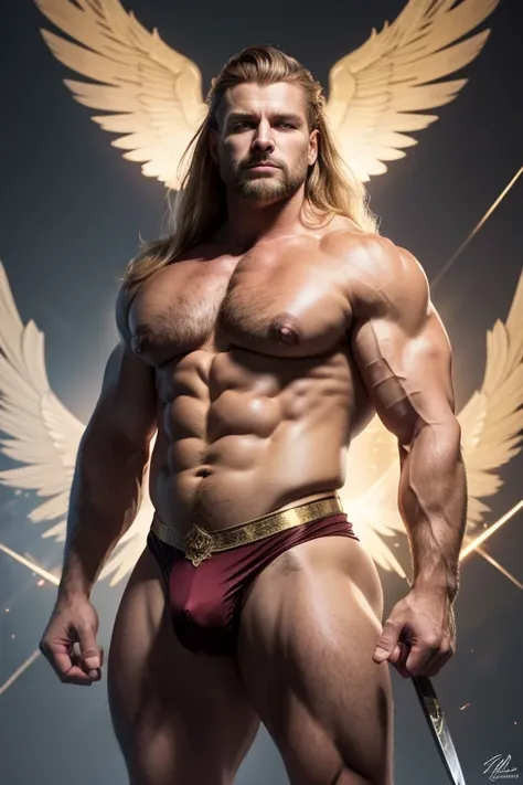 Hyperrealistic image of Tom Platz in the thirties bodybuilder , playing a warrior archangel style Rubens barrel painting with huge  white wings,  a sword in the right hand and a shield on the left  ,  with a huge golden halo and rays of light behind the he...