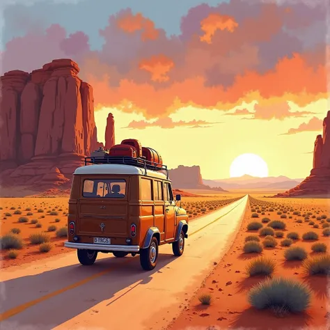 A watercolor-style illustration of a wagon car driving along a desert highway in the American Southwest, bathed in the golden glow of the setting sun. The vast landscape stretches endlessly, with towering mesas and rocky formations casting long shadows acr...