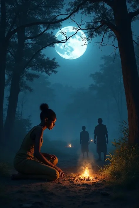 "A shadowy forest clearing under the moonlight. A young african woman is kneeling, placing offerings at a small shrine. Behind her, hidden figures watch from the trees, their expressions suspicious and fearful."