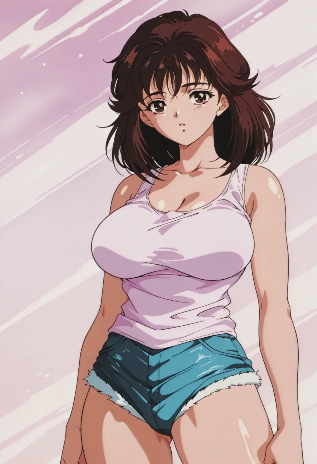 sysdeep_Tomoko,  dark brown hair,  dark eyes,  anime coloring,   retro art style,cowboy shot.sexy body.medium hair,tank top, hotpants,(Big Breasts:1.3)