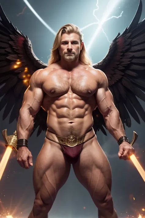 Hyperrealistic image of Tom Platz in the thirties bodybuilder , playing a warrior archangel style Rubens barroc painting with huge  white wings,  a sword in the right hand and a shield on the left  ,  with a huge golden halo and rays of light behind the he...