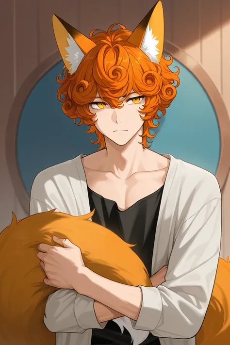 a male demi-human fox with orange curly hair, golden eyes, 1.60 tall and thin. He has orange fox ears and tail.