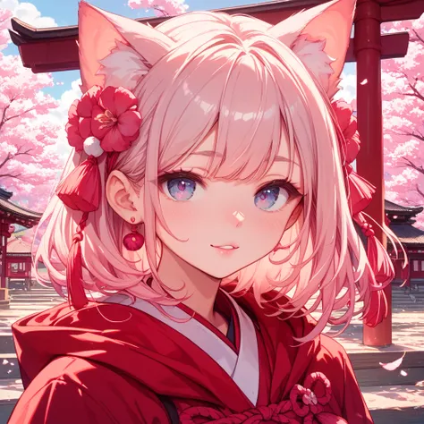  one girl 、Cat ears、Refer to the image、 hooded 、The hood is covered up to about the forehead、 shrine maiden、 hair is pink、The costume is white and pink、 is facing the front、