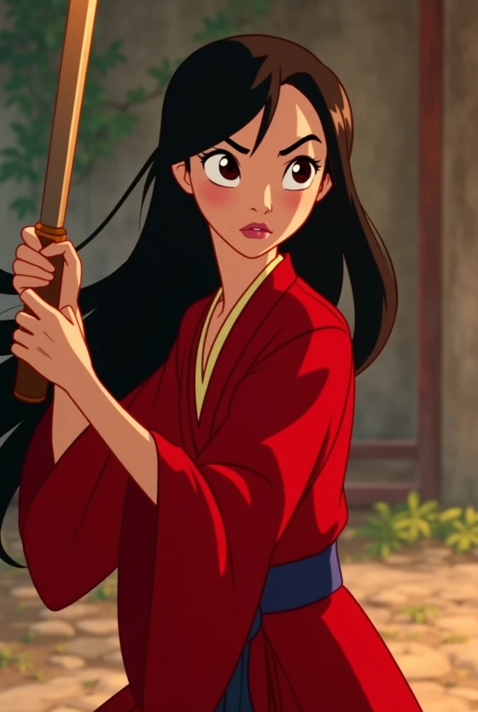 Disney's Mulan , 1 girl  ,wearing a bright red outfit.determined expression,  piercing eyes , straight face. showing her in an action pose wielding a sword while her long hair flows behind her. classical, historical genre scenes, 32k uhd,  lively action po...