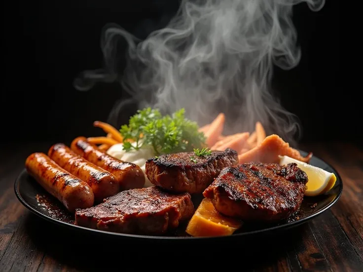 Mix Grill is a mixed grill dish with steam rising from it with dramatic cinematic lighting