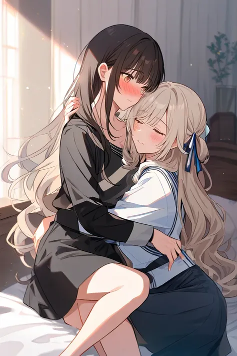  2 girls、dim、indoor、 bed、Quiet tension、Blushing、  character for V21（ light beige hair、 shoulder length、The tips of the hair curl inward）、 character for V2２（ long dark hair、Sophisticated and neat face）、so close that our breaths seem to touch each other、In s...