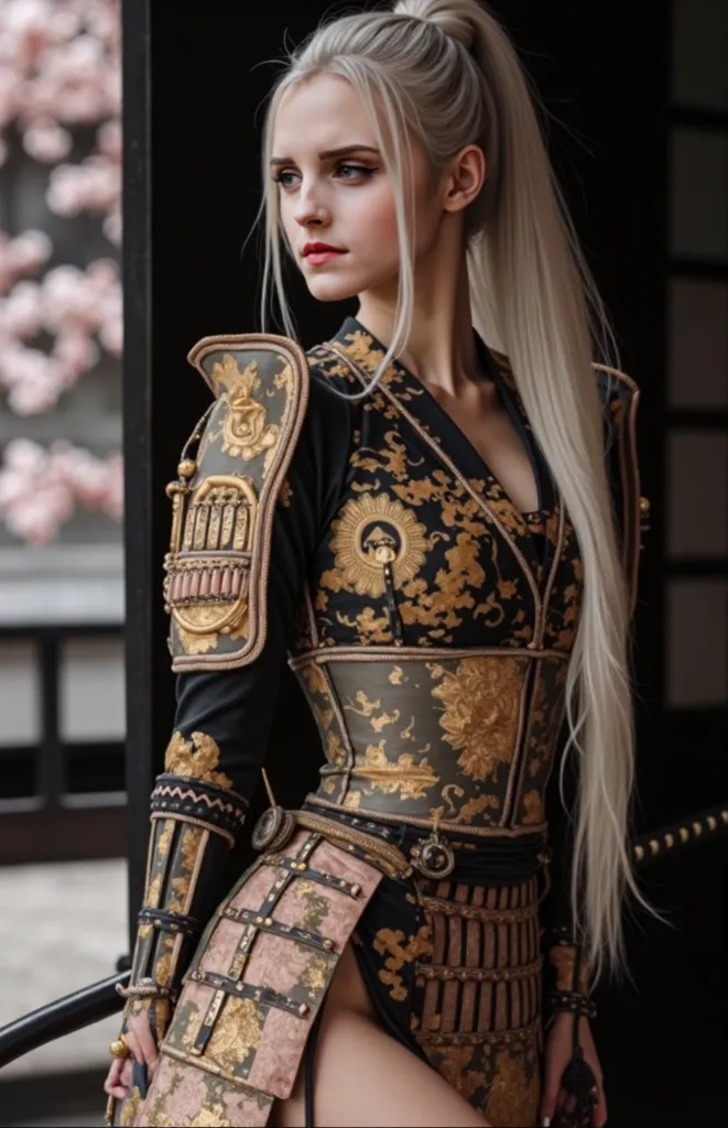   close-up of a woman in costume with a sword, Wearing kimono and armor,  black and gold armor ,  very pretty cyberpunk samurai , black and gold armor , Stunning Armor, palace ， Girl in Hanfu,   There is a picture of a cat and robot wearing armor  , Beauti...