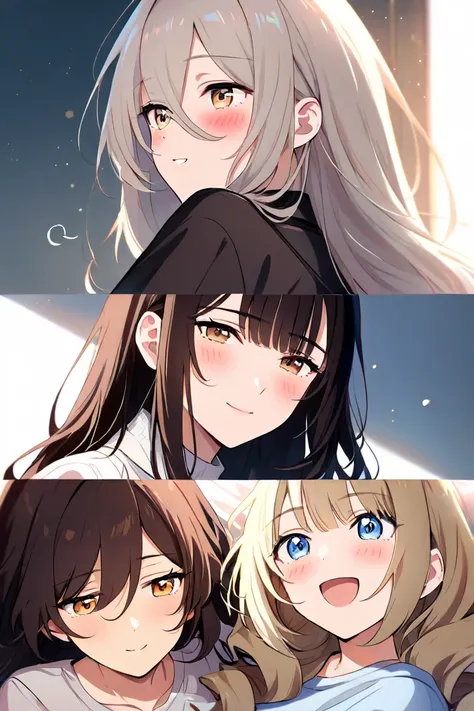  2 girls、dim、indoor、 bed、Quiet tension、Blushing、  character for V21（ light beige hair、 shoulder length、The tips of the hair curl inward、Tall）、 character for V2２（ long dark hair、Sophisticated and neat face）、So close that we feel like our breaths touch each ...