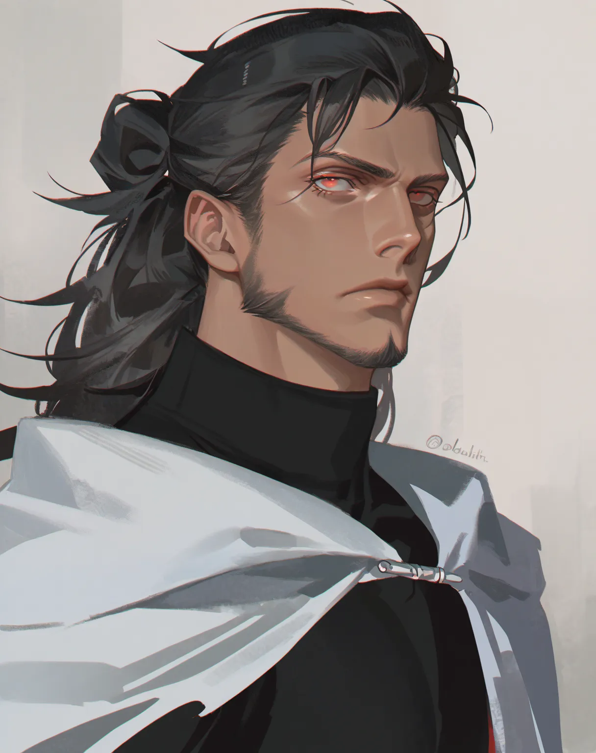 1man, eyes focus, solo, muscular, dark skin, red eyes, serious look, long hair, black hair, small beard, broad shoulders, black shirt, black medieval cloak
