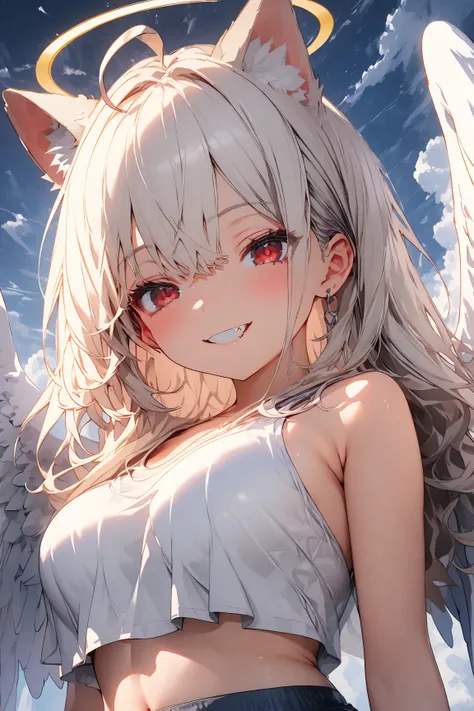 （  masterpiece：1.2，  high quality），8k，high resolution，A fourteen-year-old girl ，cute girl ，    white hair    ，beautiful breast,   long hair ，bright red eyes ，  ， ahoge，Cat ears，  bad smile ，  fang out，halo，She has white angel wings on her back，is wearing a...