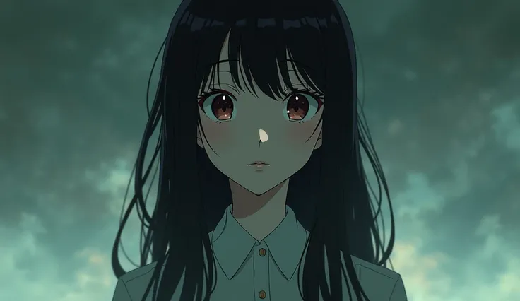 An expressive composition in a retro anime style showing a woman with long dark hair, cute, kawai, ghotic, e-girl.  Serene and dreamy, create a tense atmosphere with unsettling details. Full body, 3-thirds rule.