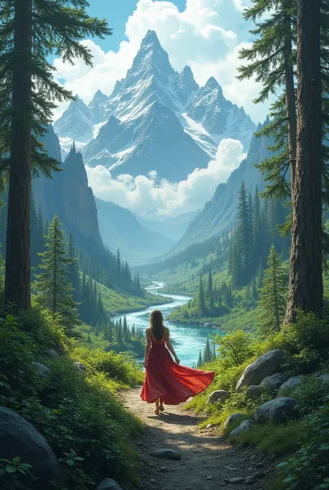 Scene 3: 
• Wide shot: Princess is traveling through the dense forest, mountains and rivers are visible ahead.