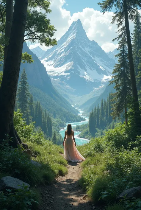 Scene 3: 
• Wide shot: Princess is traveling through the dense forest, mountains and rivers are visible ahead.