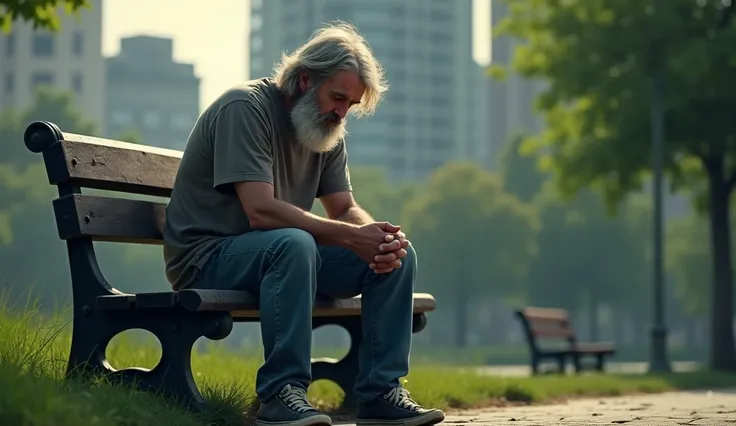  45-year-old man with long hair, wearing t-shirt and sneakers sitting on a city park bench is sad