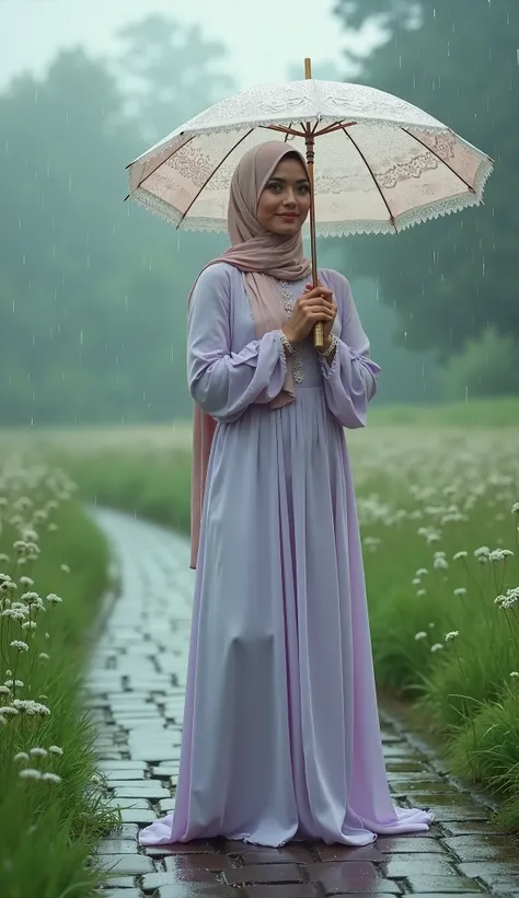 Here is a more vivid, poetic version that captures the essence of beauty, modesty, and tranquility:


---

A breathtaking rainy scene unfolds in a serene, emerald meadow. The sky is a masterpiece of silvery clouds and diffused light, with raindrops falling...