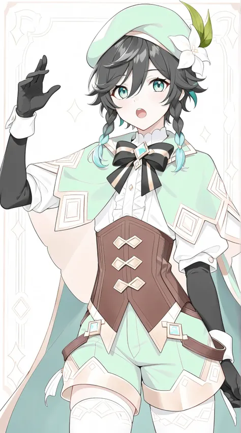male, Venti Genshin Impact, short black hair,twin braids with aqua tips, aqua green eyes, gloves, solo, green beret hat, black gloves, frilly white top, brown corset, green shorts with gold embroidery, green cape, white stockings with ornate diamond shapes...