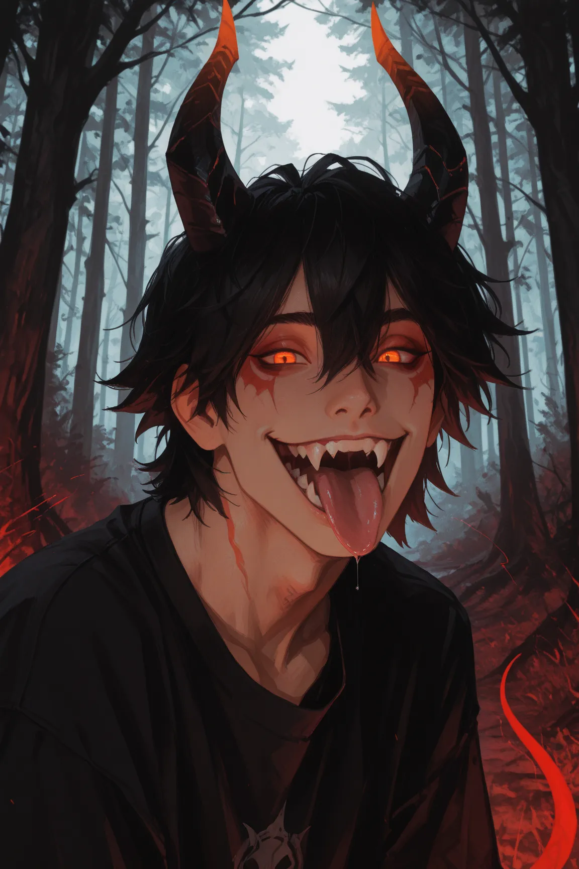 masterpiece, best quality, amazing quality, very aesthetic, 1boy, tongue, glowing_eyes, male_focus, horns, solo, fangs, glowing, tongue_out, teeth, black_hair, looking_at_viewer, forest, open_mouth, tree, nature, demon_boy, smile, portrait, black_shirt, sh...