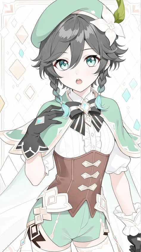 male, Venti Genshin Impact, short black hair,twin braids with aqua tips, aqua green eyes, gloves, solo, green beret hat, black gloves, frilly white top, brown corset, green shorts with gold embroidery, green cape, white stockings with ornate diamond shapes...