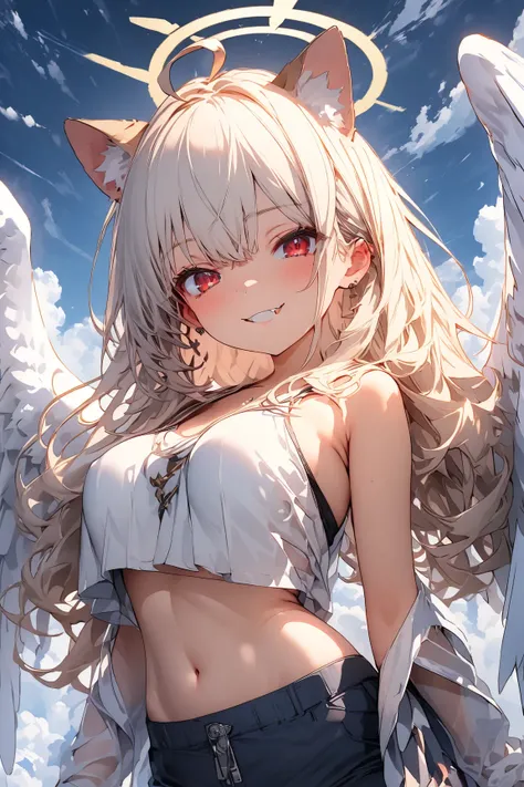 （  masterpiece：1.2，  high quality），8k，high resolution，A fourteen-year-old girl ，cute girl ，    white hair    ，beautiful breast,   long hair ，bright red eyes ，  ， ahoge，Cat ears，  bad smile ，  fang out，halo，She has white angel wings on her back，is wearing a...