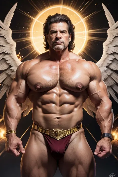 Hyperrealistic image of Lou Ferrigno, an elderly bodybuilder , playing a warrior archangel style Rubens barrel painting with huge  white wings,  a sword in the right hand and a shield on the left  ,  with a huge golden halo and rays of light behind the hea...