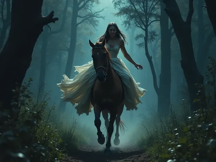 A princess escape an ambush in the woods, riding a horse into the night. Her expensive dress is torn down and turned to rags, exposing her bruised skin, showing her breasts