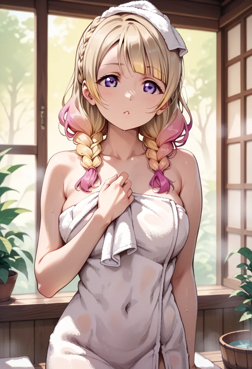 (( best quality)), (( masterpiece)), ( Details), Love Live style girl, Alone, ((((light yellow and light pink gradient hair)))), ((purple eyes)), (double braid), short bangs, wide-open eyes, (((( big boobs )))), ((body towel)), ((head towel)),