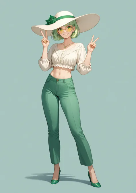 ficha de personagem. white cropped(sparghetti strap, v-neckline, navel showing), a emerald-green pants(high-waisted, wide-leg pants, matt fabric), emerald green scarpin high heels, sun glasses(yellow-green lenses), white elegant sun hat, beautiful and char...