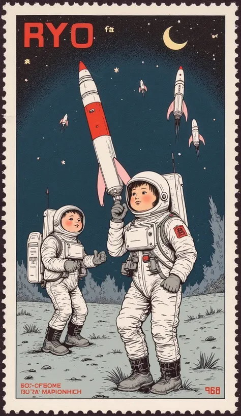 Close Up of Stamps with Cartoons of Spaceships,  Vostok 1 , 1962 Soviet,  astronauts arriving on the moon, 1968 USSR, small  astronauts arriving on the moon, by Edward Avedisian, Vintage 1950's Stamps,  astronauts arriving on the moon, Space Travel, Inspir...