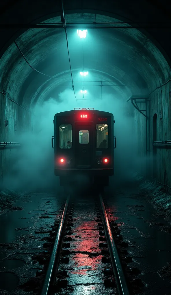 A dark, surreal urban nightscape, a metro train gliding through shadowy underground tunnels and dimly lit city streets, faint neon lights flickering in cold blue and gray tones, distorted reflections of concrete walls and rusty tracks, a single red blinkin...