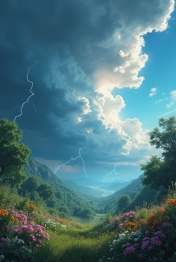 Volumetric sky, on it, both the light and the thunderstorm begins to fall and lightning , and below is nature, so beautiful nature and flowers , it's summer or spring now , 