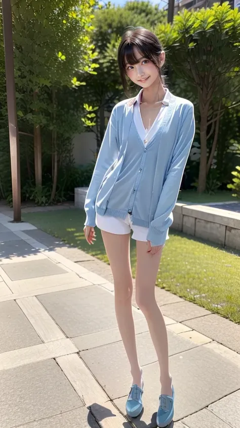 ((full body shot from ground level))、((from below:1.4))、((looking down, watching at Viewer:1.4))、((full body shot:1.4))、((standing naturally:1.4))、
((The torso is short:1.4))、((白いcollared shirt:1.3))、((light blue cardigan:1.4))、White short socks、Light blue...