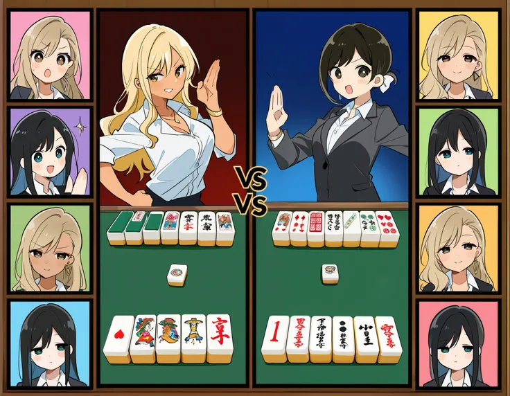 masterpiece,character select,vs,multiple girls,OmuTatsu style,
multiple headpic,fighting stance,elegance office lady vs gyaru student,mahjong,