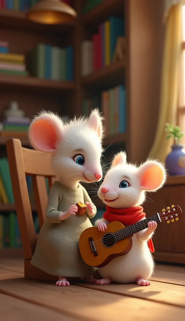 ( White  Mouse)
"In a cozy wooden room, a mother mouse sits on a soft wooden chair, wearing a simple solid-colored dress while knitting with care. She gazes lovingly at her , who has fluffy white fur and bright blue eyes, as he plays the acoustic guitar ne...