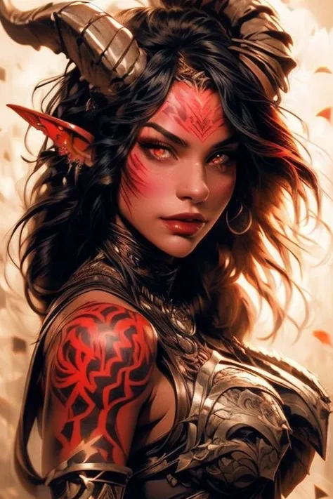 score_9, score_8_up, score_7_up,
KRKNK, 1girl, portrait, beautiful, tiefling shaman, black hair, (long hair:1.3), side bangs, horns, barbarian, gladiator, war paint, tribal markings, long tail, blue skin, red lips, red eyes, glowing eyes, (smug:0.85), dram...