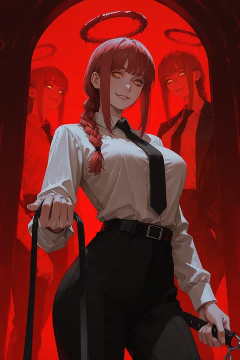 masterpiece, best quality, amazing quality, very aesthetic, 1girl, makima_(chainsaw_man), necktie, shirt, holding_leash, red_hair, leash, white_shirt, looking_at_viewer, yellow_eyes, black_necktie, collared_shirt, braid, smile, braided_ponytail, breasts, h...