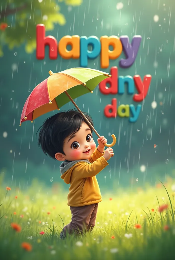 An Asian muslimah cute boy playing an Tiny rainbow umbrella in the middle of the grass when the weather is rain, the colorful wooden text "HAPPY RAINY DAY" written in the background,