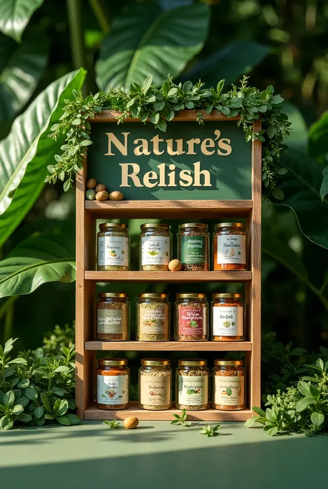 Green themed spice rack with the brand name ' Nature's Relish '