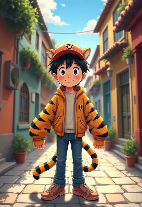 dibujo de anime, boy standing on a small cobblestone street, His arms are those of a tiger and he wears jeans, shoes, smiles and has a cap with an inverted visor.