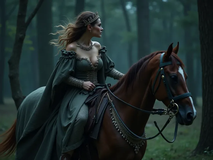 At night, a princess escapes an ambush in the woods, riding a horse into the night. Her expensive dress is torn down and turned to rags, exposing her bruised skin, showing her breasts, she is still wearing dome of her jewels