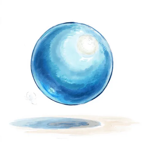 A bright blue ball, bouncing off the ground, water colour illustration, no background