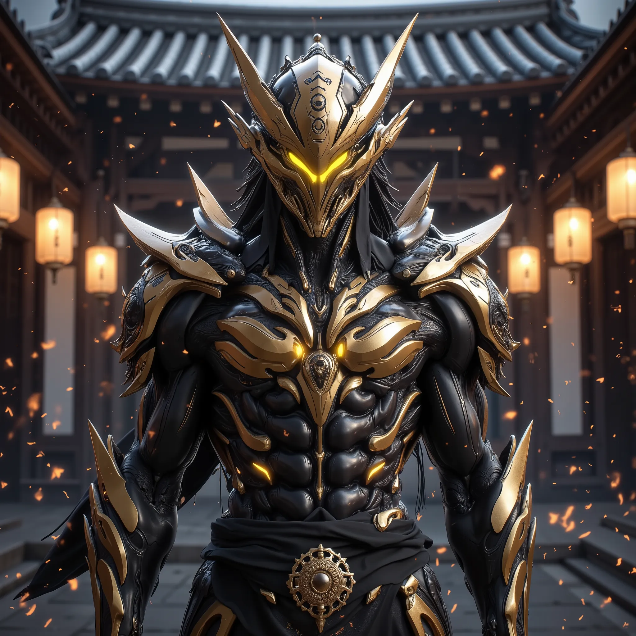 A futuristic warrior wearing a golden and black battle suit, highly detailed armor with glowing accents, intricate engravings, and a sharp helmet covering the face. The warrior’s eyes glow with intense yellow light, standing in front of a Japanese temple a...