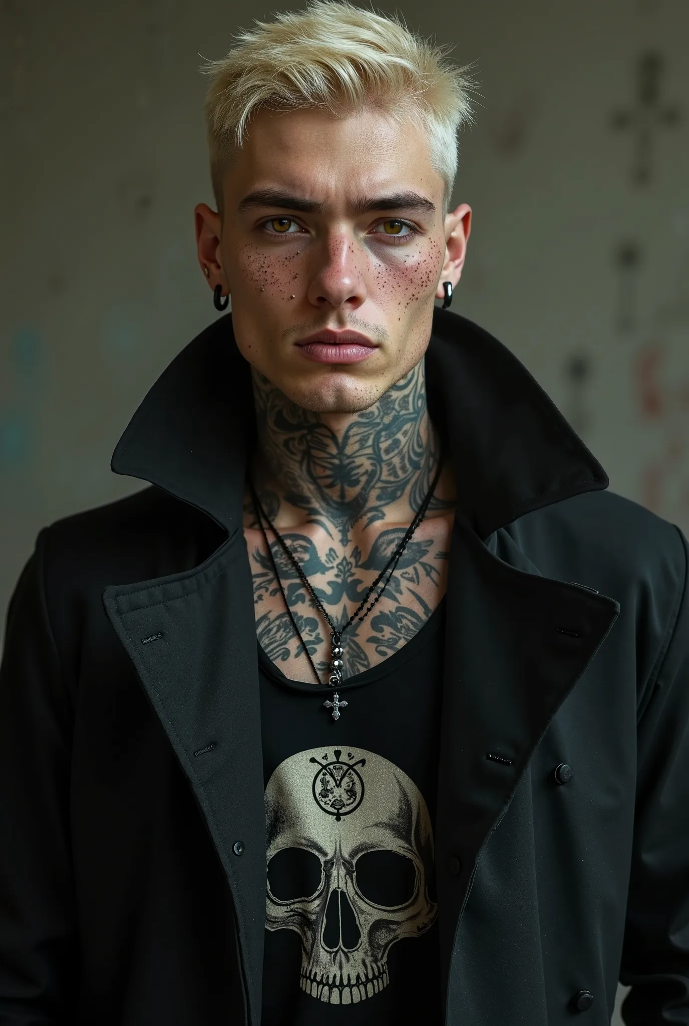 Pale blond man,  with few freckles on the face, amber eyes and a black shadow around the eyes, piercing na boca, on his nose and brow. wearing a black overcoat and a tank top with a skull print, with necklace and cross earrings, tattoos on his neck and han...