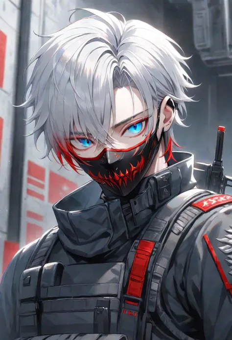  foreign country,   alone, 1 male, ,    Silver Hair,  Red Highlights on the Hair ,  blue eyes, 、  cool vibe, ,  soldier、  black mask