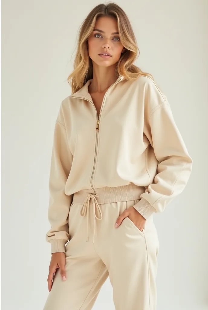 you need to generate a product card for the, product - soft beige women's tracksuit, model on the photo - young girl, 20-25 years old ,  blonde,  of medium height, light-colored plain background. the card must have the store logo - BAON. marketplace must a...