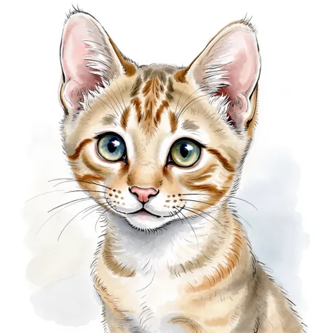 A curious cat with wide eye, water color illustration, no background