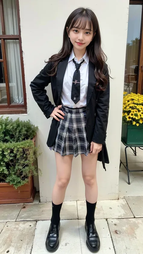 (8k、 RAW Photo、 best quality、 Masterpiece:1.2)、( by Nomi、 by Nomi)、1 person、((uniform、 shirt、 black blazer 、smile、garden、smile  tie、 loafers、 tie、Black Checkered Mini Skirt 、 socks、 Read more、 standing with hands on hips))、 cute