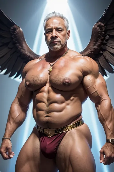 Hyperrealistic image of Chris Dickerson, an elderly bodybuilder , playing a warrior archangel style Rubens barrel painting with huge  white wings,  a sword in the right hand and a shield on the left  ,  with a huge golden halo and rays of light behind the ...